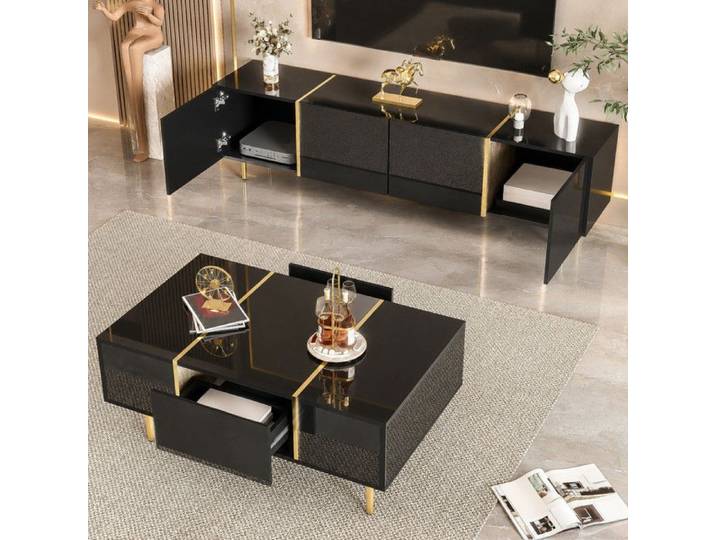 Norevia Ensemble Meuble TV et Table Basse Noir Brillant en MDF avec Détails Dorés 170 cm