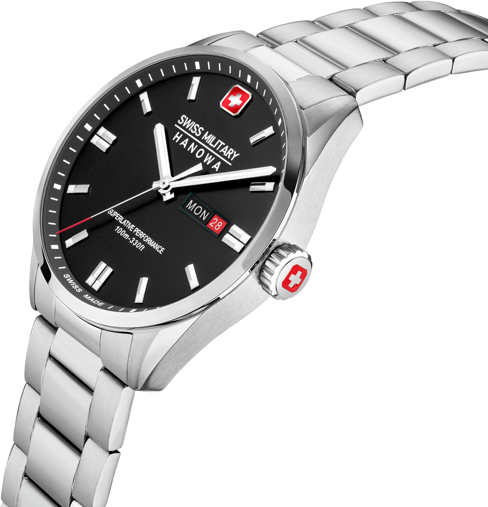 Quarzuhr "Roadrunner Maxed", silber (silberfarben, schwarz, schwarz), SWISS MILITARY HANOWA, Armbanduhren, Herren, silberfarben, Quarzuhr, Armbanduhr, Herrenuhr, Swiss Made, Edelstahlarmband, analog