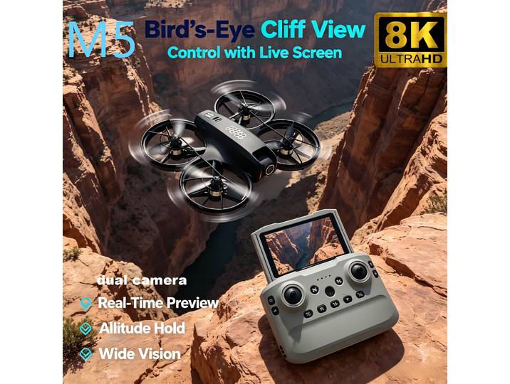 Nouveau Drone M5 2026 avec Caméra Aérienne HD 8K, GPS, Évitement Intelligent des Obstacles, Écran Télescopique, Télécommande et Moteur Brushless