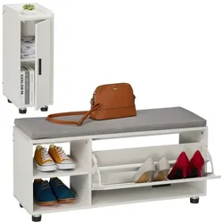 Relaxdays Schuhbank mit Sitzfläche & Schrank Set Weiß,Grau