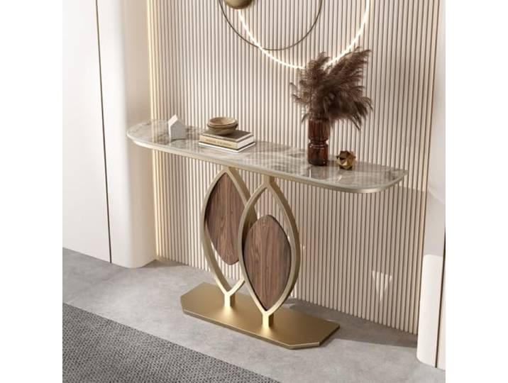 LEUBDIBR Moderne halbmondförmige Konsole Tisch, Sinterstein Eingangstisch Sintersteinplatte, Halbmond-Design, stabiler Metallrahmen, Traglast 75kg Flurkonsole Tisch(Gold Frame‑C,100cm/39.37 )