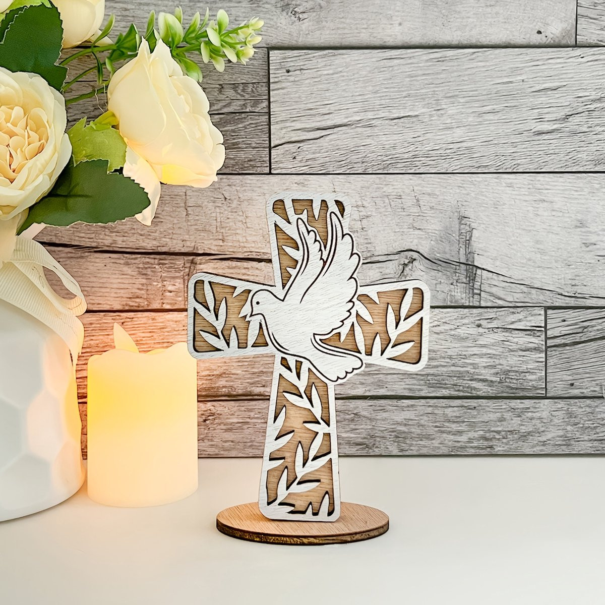 Cor&Sinho Houten Kruis met Duif - Groot 13,5 cm - Christelijk decoratie voor Pasen en Pinksteren