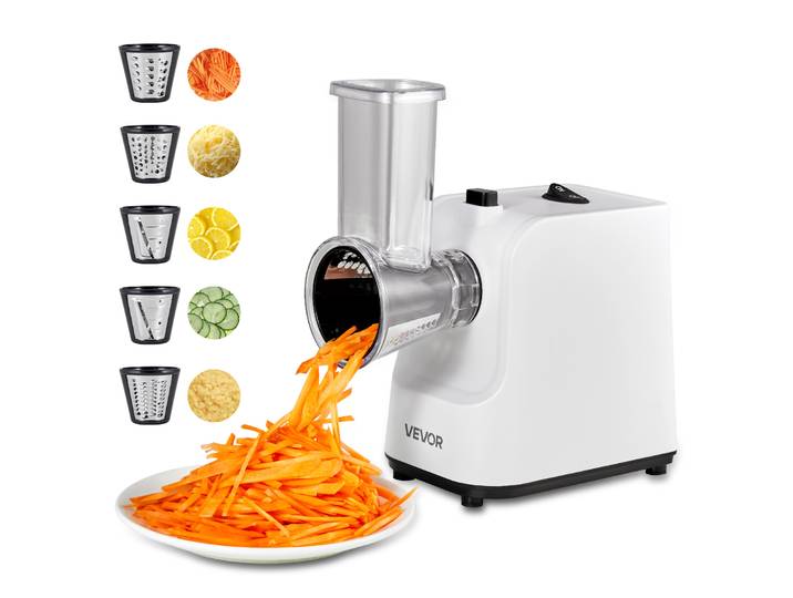 Vevor Trancheuse De Legumes 200 W\, Mandoline Electrique Avec Lame En Inox\, Rape A Fromage Et Legumes Multifonction Avec 5 Accessoires\, Hachage Grossier/fin\, Tranchage\, Decoupe Ondulee Et Broyage