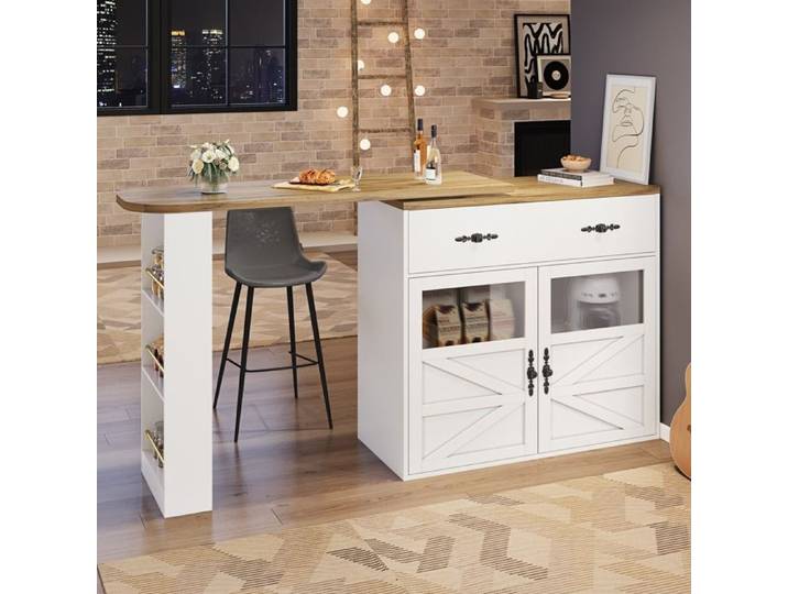 Table de bar extensible avec rangement table de bar mobile table de bistrot avec étagères îlot de cuisine 138-204x39x104