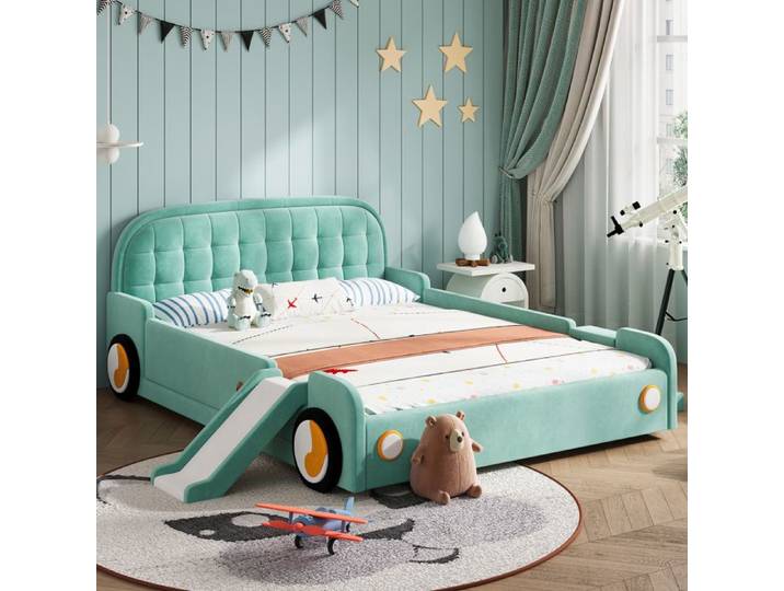 Lit voiture 140x200 cm lit enfant escalier toboggan barrière antichute velours bleu-vert