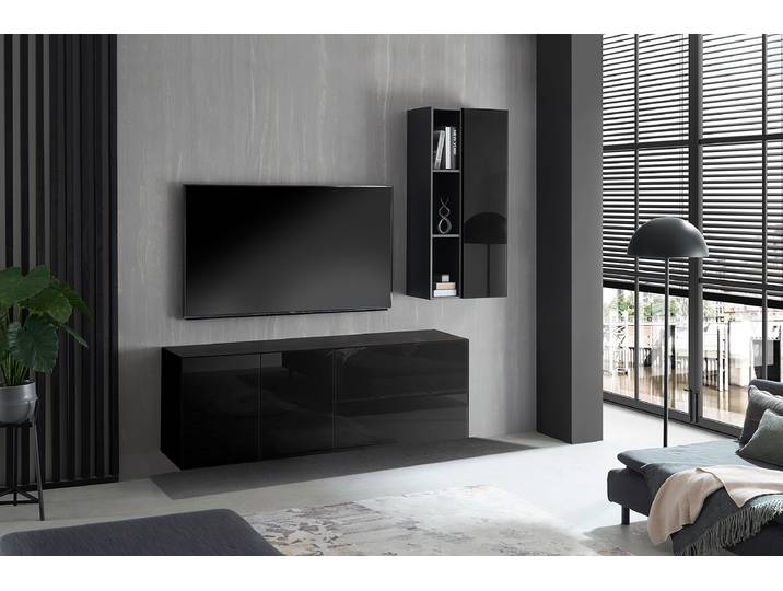 TV-Lowboard Wende-Deckplatte Typ A Deckplatte: Spanplatte, foliert Front & Korpus: Glas, lackiert Schwarz/Schwarz 181 x 63 x 42cm