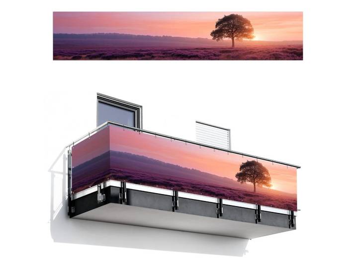 MuchoWow Balkon-Sichtschutz Baum - Heidekraut - Sonnenaufgang, Flieder, Kunststoff, Rechteckig, 500x95 cm, Sonnenschutz, Sichtschutz