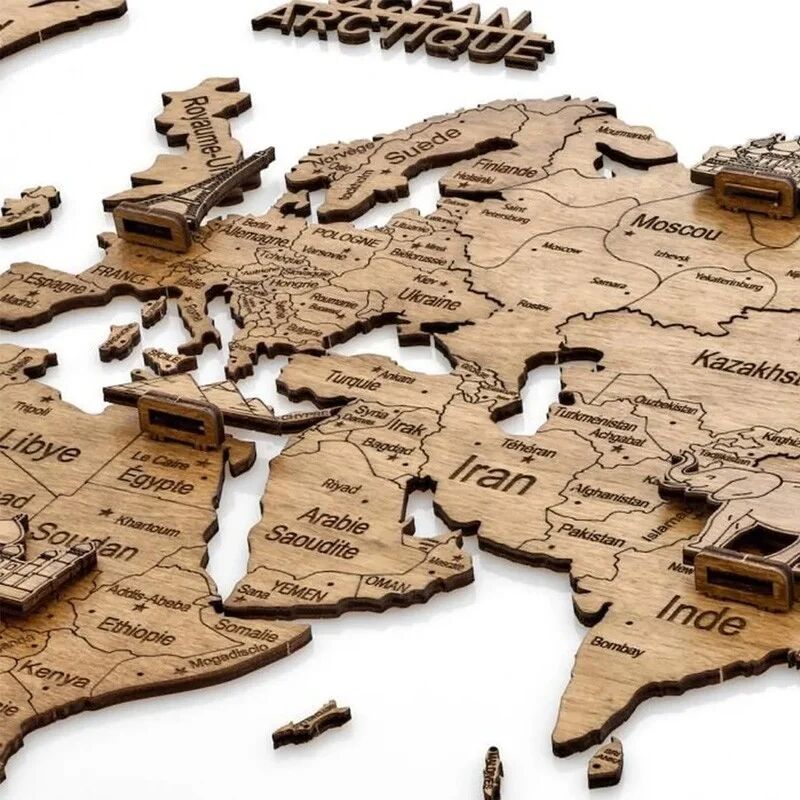 Creatif Puzzle Carte du monde en bois 2D - 80 x 55 cm - taille S Foncée - Creatif Wood