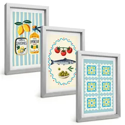 BILDER SET 3er Set - 20x30 cm Silberner Rahmen - Illustrationen von Küchen im mediterranen Stil