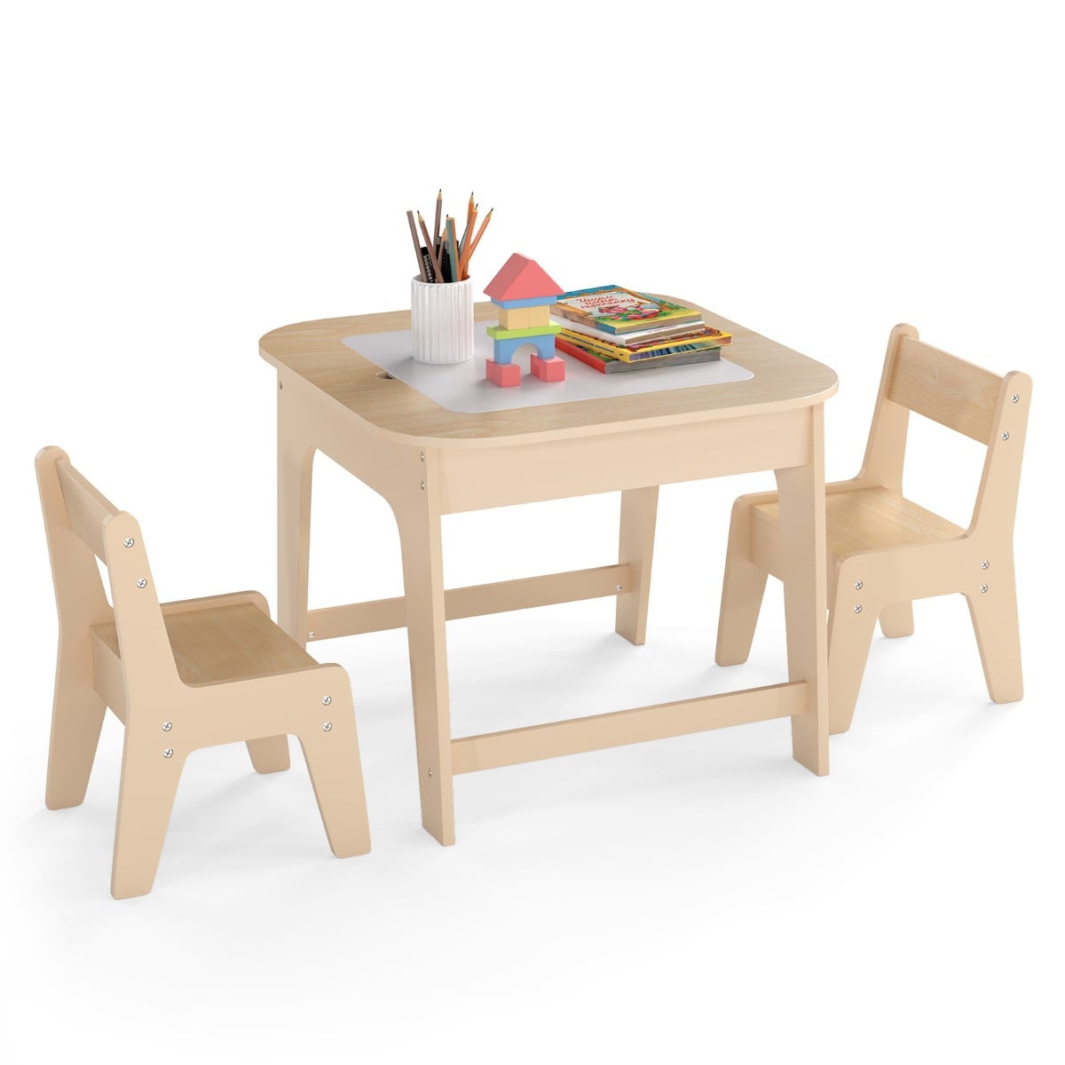Costway 3-delige houten kindertafelset met 2 stoelen en dubbelzijdig tafelblad, 3-in-1 tekentafel en knutseltafel, naturel