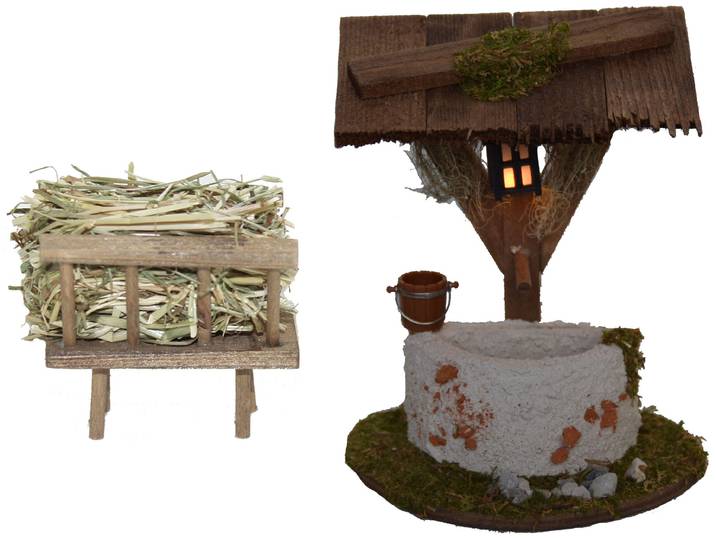 Krippen-Zubehör ALFRED KOLBE Weihnachtsdeko , beige (natur), Holzwerkstoff, Dekofiguren, Krippen-Zubehör, Brunnen mit Beleuchtung, inkl. Futterraufe mit Heu