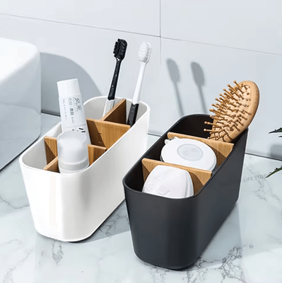 Inspire Curations Bamboo Electric Toothbrush Holder Organizer Multi Compartment Bathroom Storage Box For Toothbrush, Razor & Makeup Brus black