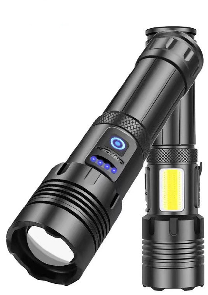 Oplaadbare LED zaklamp met COB, IPX7 waterdicht, 7 standen, zwart en meerkleurig