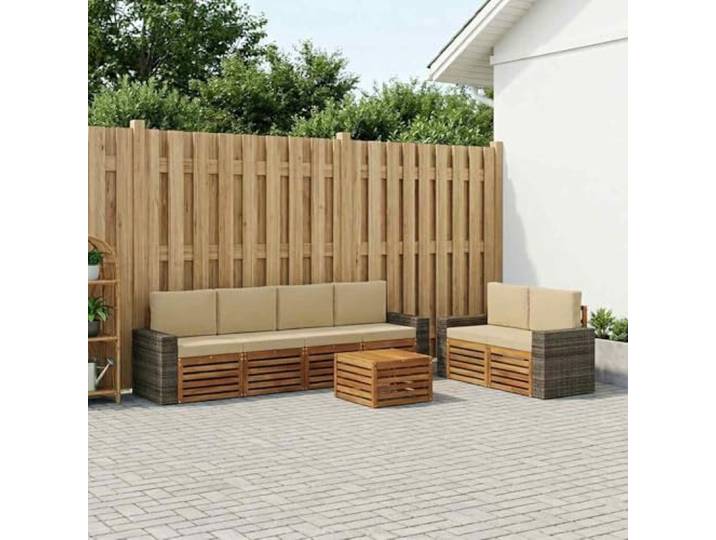 HFMDRMU 7-teiliges Terrassenmöbel Set aus massivem Akazienholz in Natur und Beige, modernes Design mit klaren Linien, wetterbeständige lackierte Oberfläche, modulare Sofagarnitur