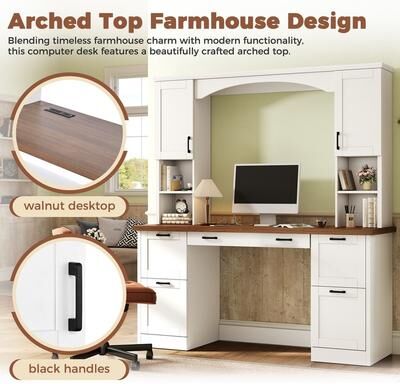 Arched Computer Desk with Charging Station and Storage for Home Office Organization