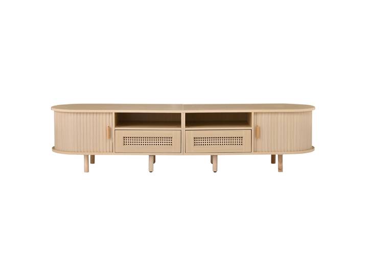 Meuble tv avec tiroirs en rotin et portes coulissantes, 170 cm, chêne