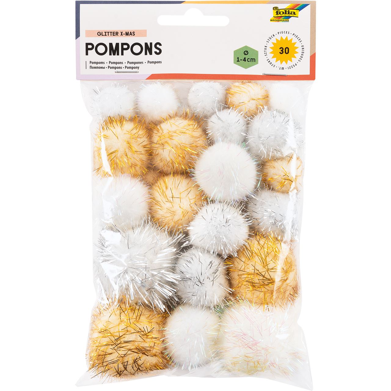 folia Pompons mehrfarbig Glitter X-Mas Ø 1,0-4,0 cm, 1 Pack