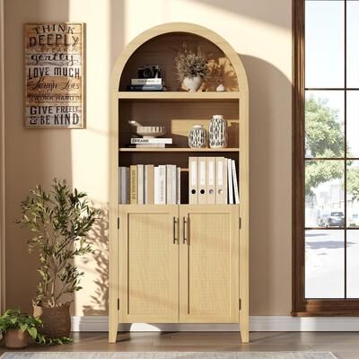 Garvee Arched Bookcase with Doors - 5 Tier Open Display Shelf with Rattan Decor