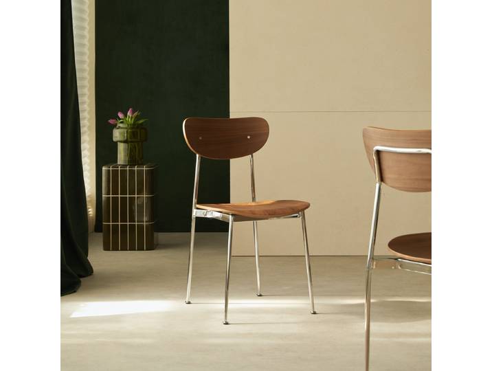 Stuhl aus Nussbaumholz und verchromtem Metall - N/A - Walnut