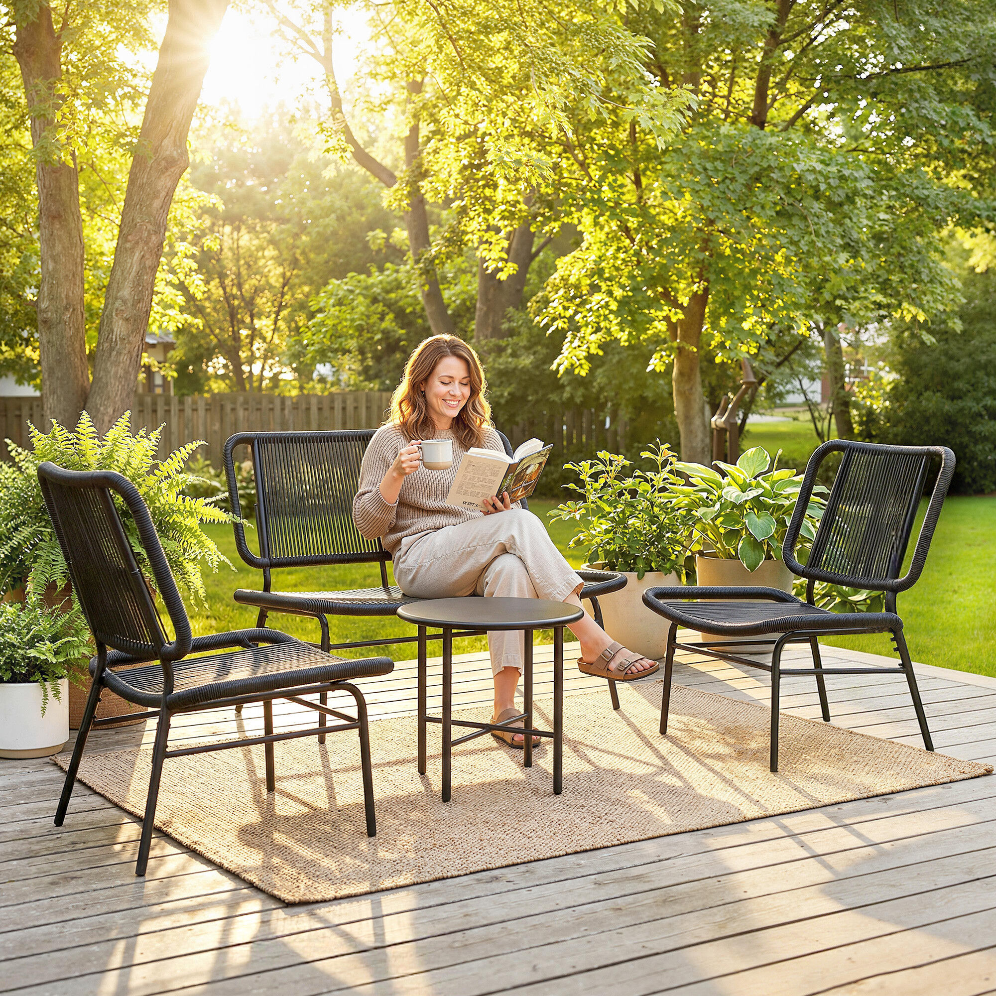 Altro Set Mobili Giardino Rattan 4 Pezzi, Divano Esterno Con Tavolino Metallo, Nero