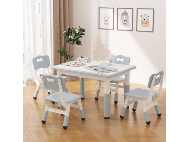GarveeMore Höhenverstellbare Kinder-Sitzgruppe (1 Tisch + 4 Stühle) ergonomisch & rutschfest – abwischbare Whiteboard-Tischplatte, leicht zu reinigen – für Kinderzimmer & Kita – Hellgrau