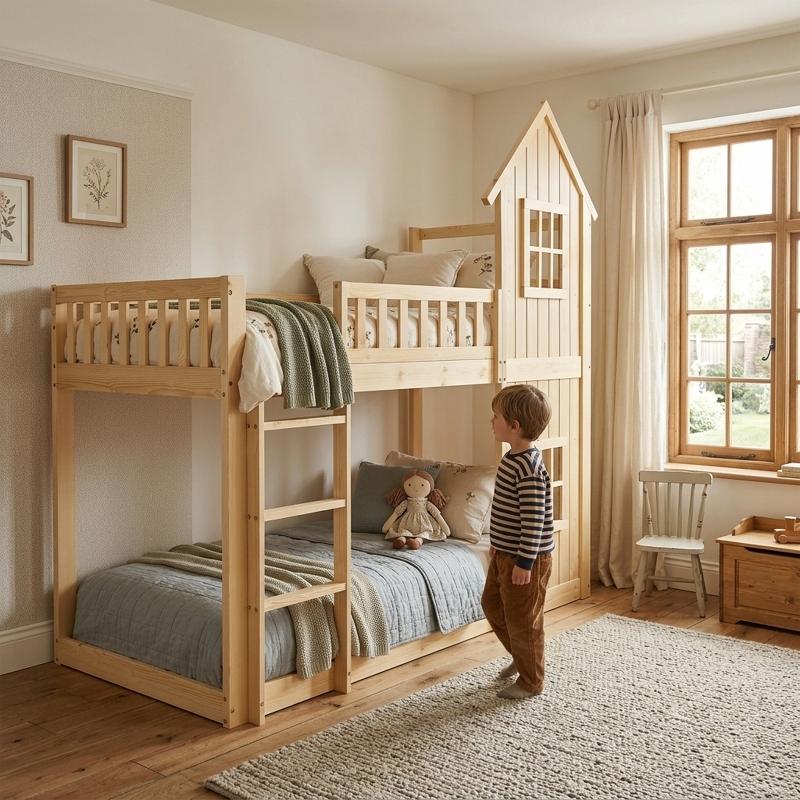 Etagenbett 90x200 cm Natur aus Kiefer, MDF mit 3-Stufen-Treppe und Hausform für Kinderzimmer