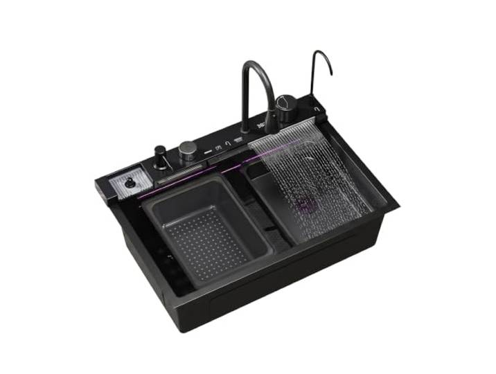 QORVANE Black Diamond Wasserfall Küchenspüle Edelstahl (80x45) Rostfreie Edelstahlspüle mit LED. Hitzebeständig, kratzfest, inkl. Siphon & Anleitung. Ideal ab 45cm Unterschrank.