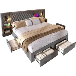 Polsterbett Doppelbett 160x200 mit Nachttischen, 4 Schubladen, Leselampen, USB-Station, Samtbezug, Holzoptik, Grau