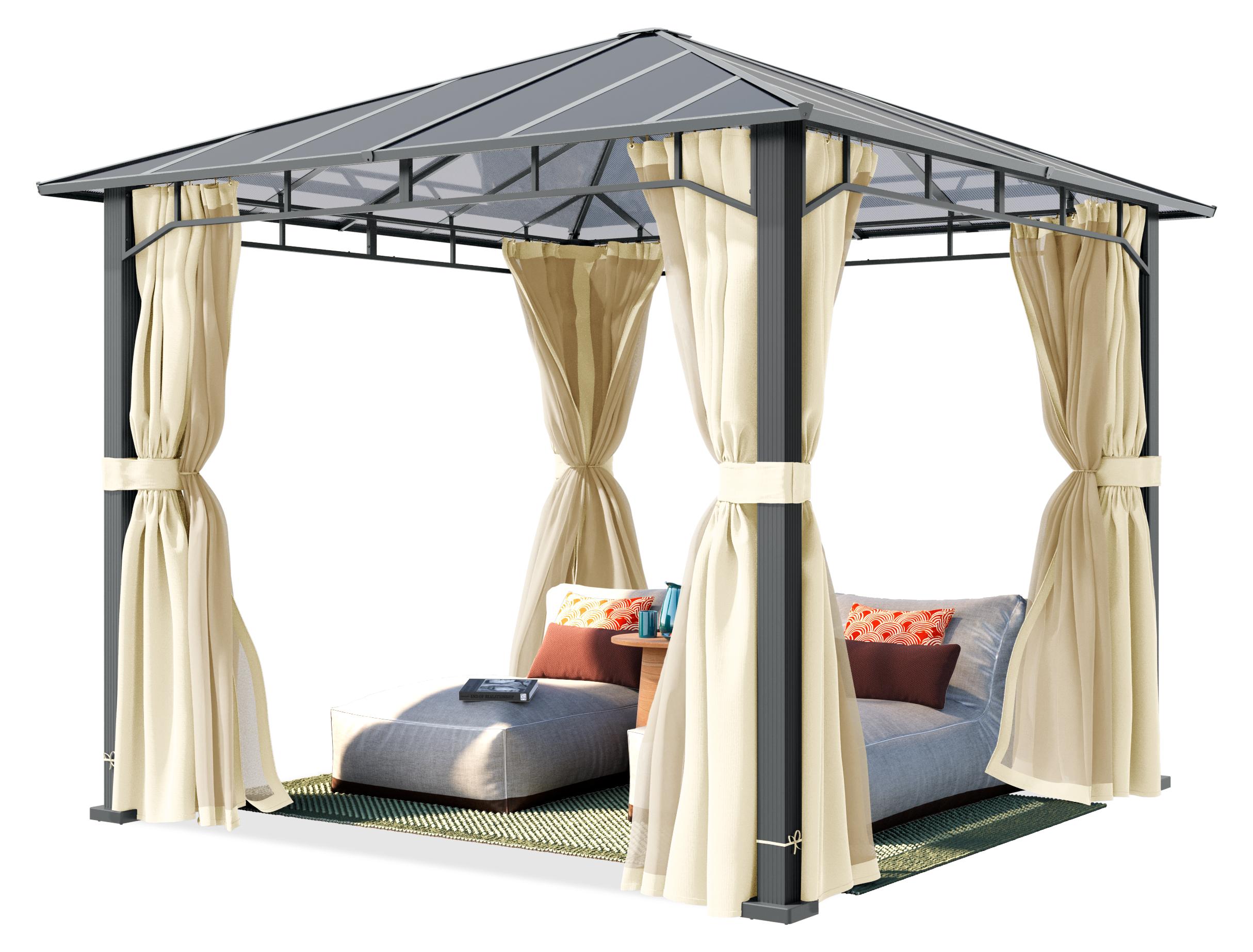 TOOLPORT Gartenpavillon 3x3 m Alu-Rahmen, Polycarbonat Dach ca. 8mm, beige - mit Seitenteilen und Moskitonetzen