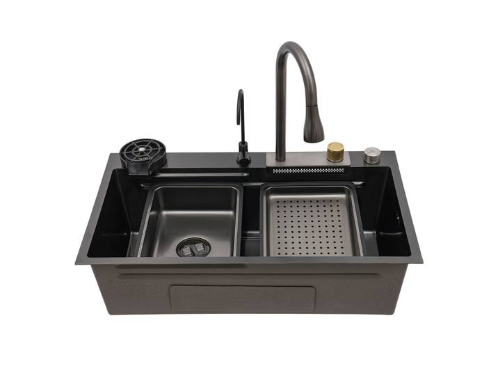 Évier de cuisine en acier inoxydable 304 noir, 80 cm, évier encastré, revêtement nano, lavabo sous plan avec robinet