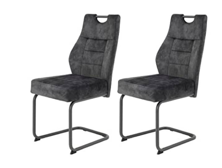 Hela Tische, 2er Set Esszimmerstuhl Schwingstuhl Linda, Mikrofaser Anthrazit, Rundrohgestell grau, Komfortsitz Federkorb, 140kg belastbar
