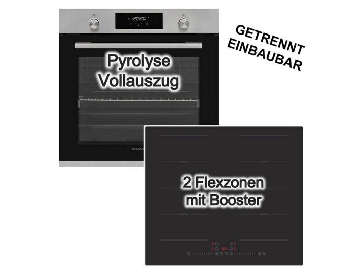Sharp Backofen-Set Pyrolyse Vollauszug+ PKM Induktionskochfeld Flexzonen Booster autark, mit 1-fach Vollauszug, Pyrolyse-Selbstreinigung