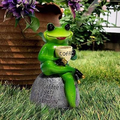 Songlake kreative niedliche Froschstatue Gartenfrosch trinken Kaffee Harz Statuette Handwerk Dekoration Skulptur Indoor Outdoor Gartendekoration
