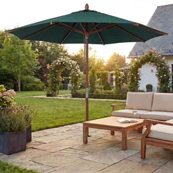 Gastronomie Holz-Sonnenschirm HWC-C57b, Gartenschirm, Polyester/Holz 14kg, rund Ø3m Seilzug stoßsicher ~ dunkelgrün