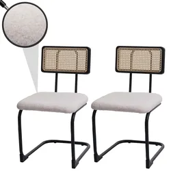 2er-Set Freischwinger-Stuhl MCW-K88, Stuhl Lehnstuhl, Holz Rattan Metall Bouclé ~ Stoff/Textil weiß