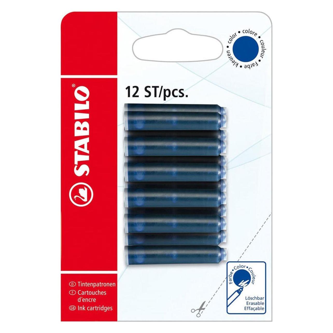 Stabilo Tintenpatronen zum Nachfüllen - Tintenpatrone - Schreibfarbe blau (löschbar) - 12er Pack (Blau, 12 Stk.) (B-51843-10)