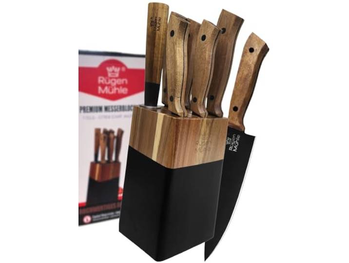 DER ORIGINAL - RÜGEN MÜHLE Premium Design Messerblock, 7-teilig, Akazien Echtholz, Edelstahl, Rostfrei, Messerset, Messerblock mit Messer, Knife Set, Küchenmesser Set, Messer Set, Messerset mit Block