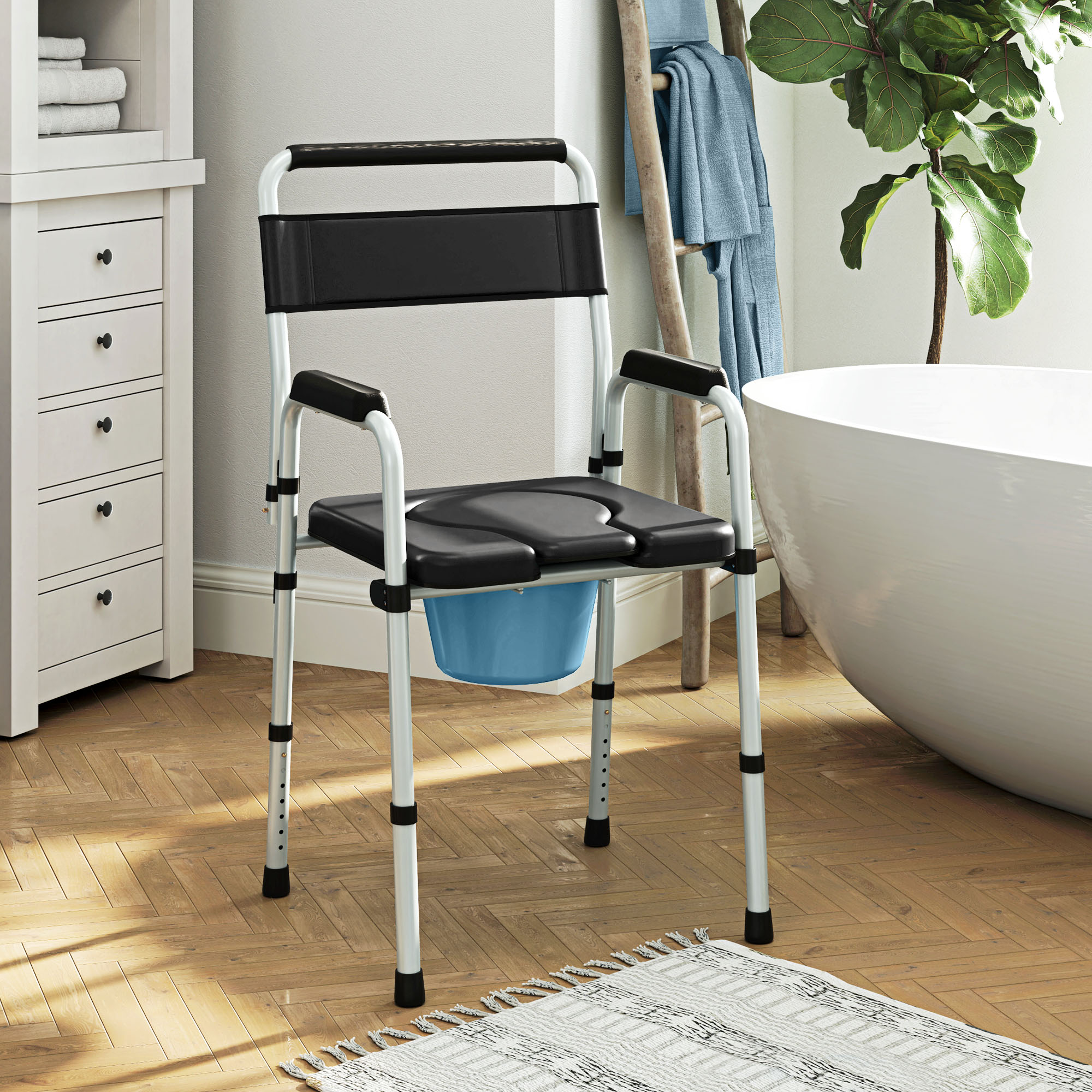 Altro Sedia Wc Pieghevole E Regolabile Con Braccioli E Schienale, In Acciaio E Pelle Pu, 52.5x46x81.5-97 Cm, Nero