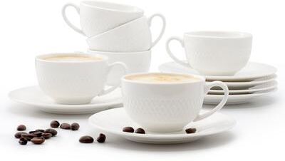 Elama Luna 12 Piece 3 Ounce Porcelain Espresso Cup Set in White with Saucers
