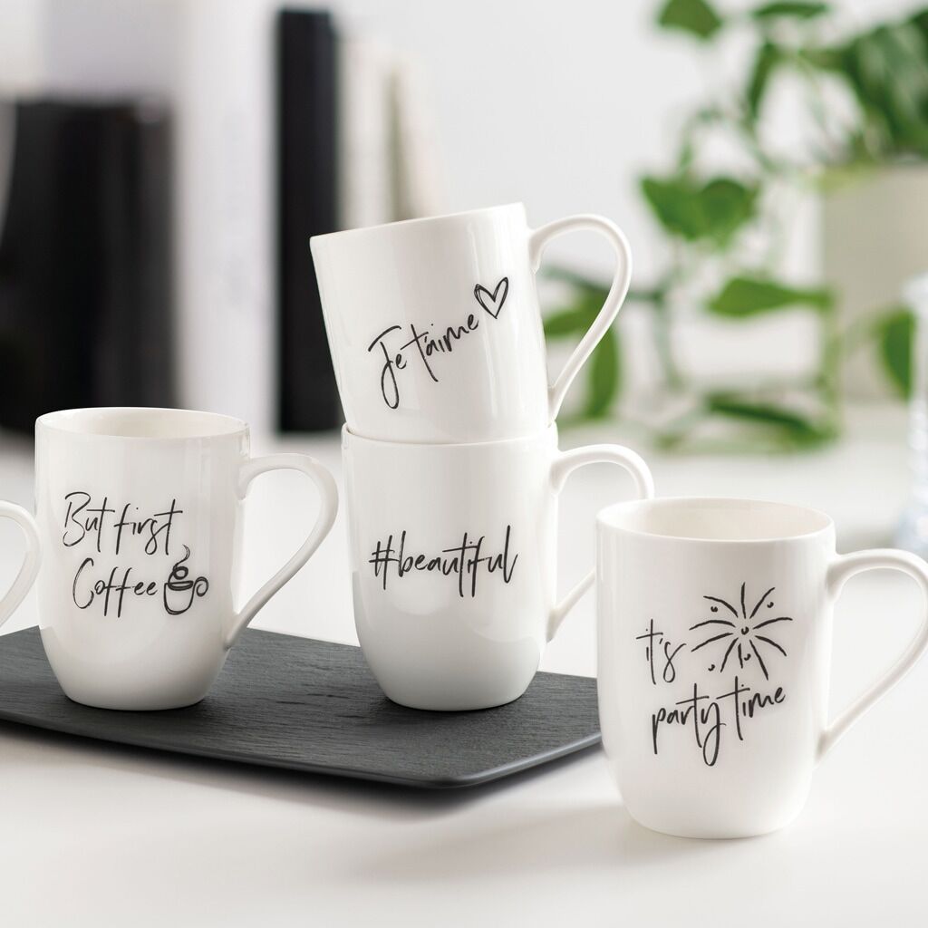 Becher VILLEROY & BOCH "Becher mit Henkel 'But first Coffee' Statement 290 ml weiß", weiß, 1 tlg., Porzellan, Trinkgefäße, Becher