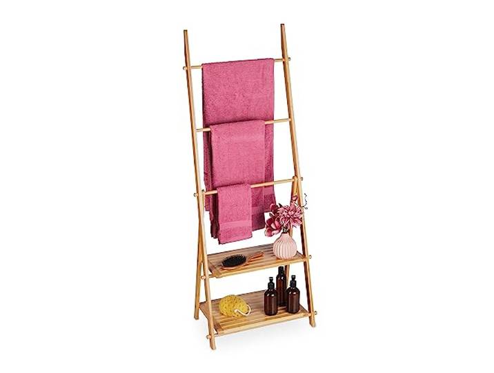 Relaxdays Porte-Serviettes en Bambou\, 3 Barres\, 2 étagères\, HxLxP: 134x53x31\,5 cm\, Pliable\, sèche-Serviettes\, Nature