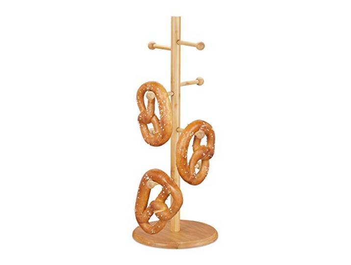 Relaxdays pretzel standaard bamboe, 8 stangen, ook als mokkenrek gebruiken, H x Ø: 50 x 19,5 cm, houten mokkenboom, rond