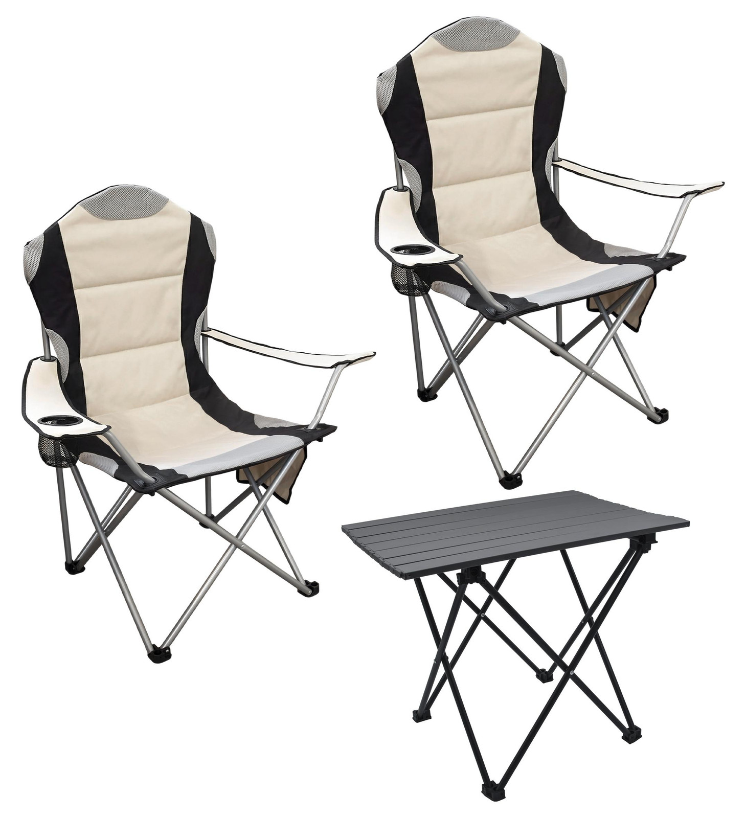 Spetebo Camping zitset 3-delig met inklapbare aluminium tafel en draagtas - Beige - Tuinset met 2 campingstoelen voor volwassenen