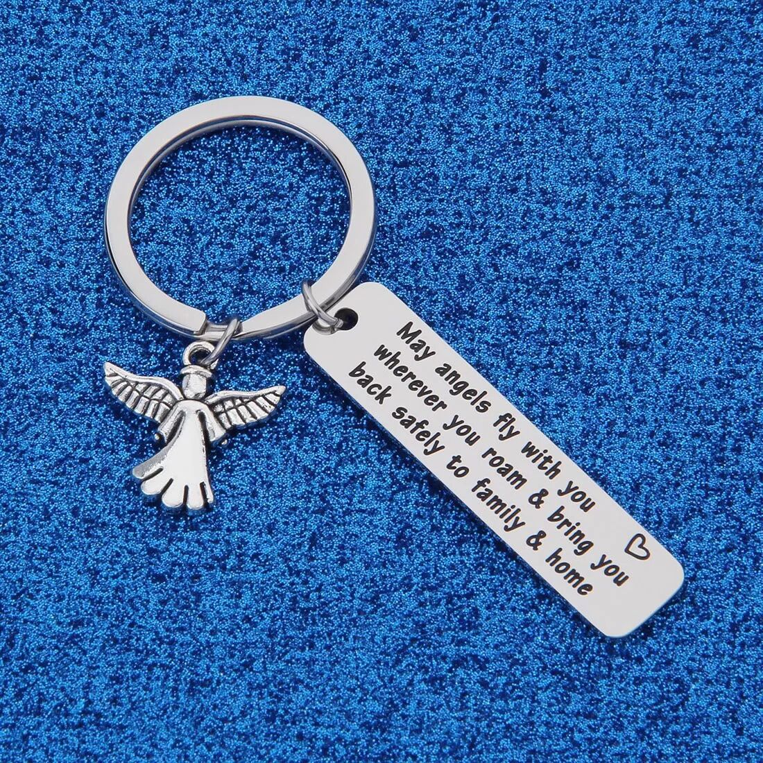 INF May Angels Fly with You Edelstahl Reisender Schlüsselanhänger mit Schutzengel Anhänger, Silber, Kompatibel mit Auto und