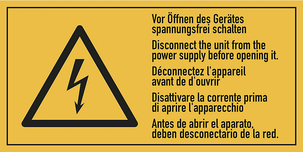 kaiserkraft Mehrsprachige Kombischilder mit Text für Elektroeinsatzbereiche, Vor Öffnen des Gerätes spannungsfrei schalten, VE 10 Stk, Folie, LxH 100 x 50 mm