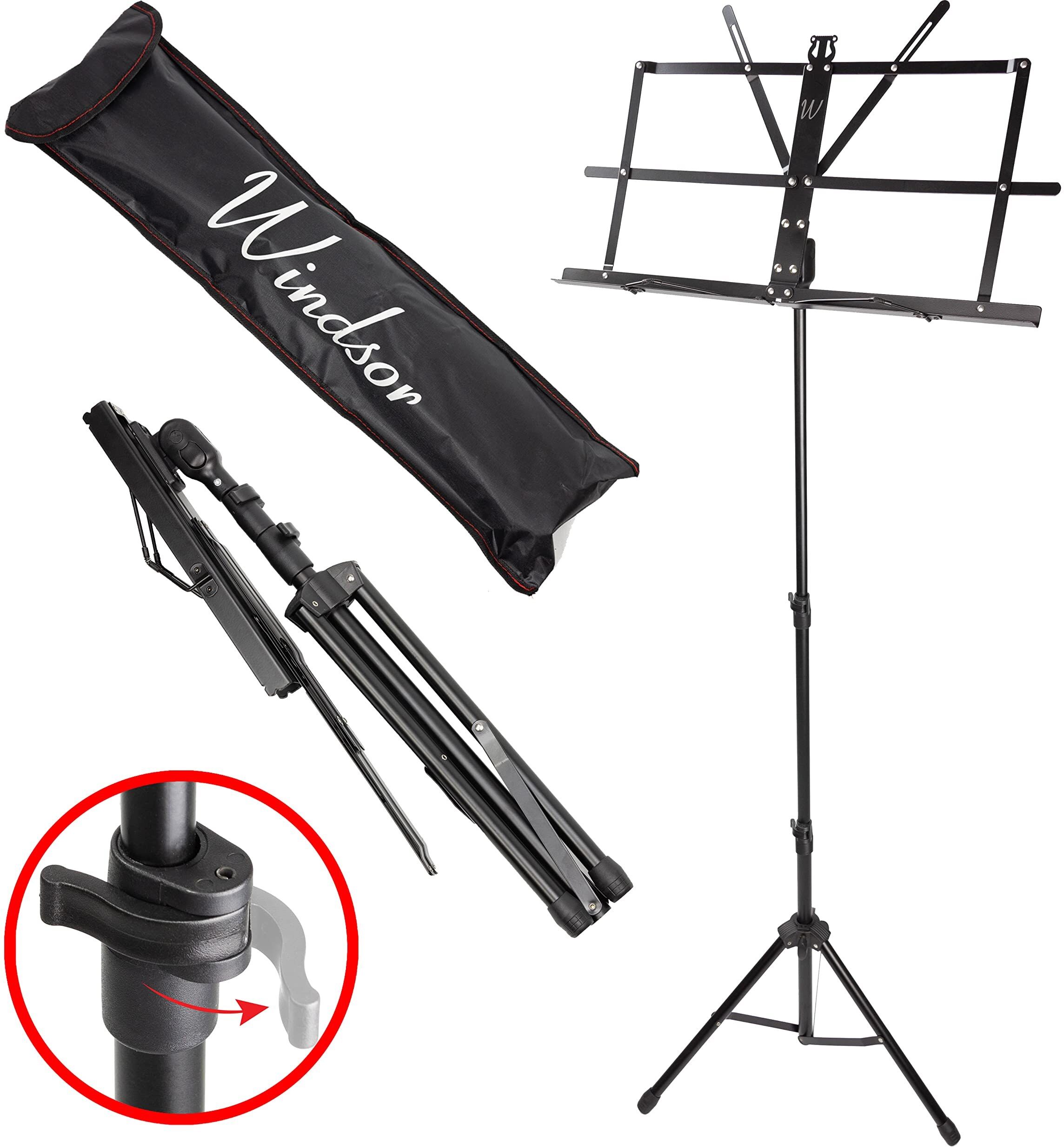RockJam RJMUS01-BK Adjustable Folding Music Stand with Carry Bag - Black