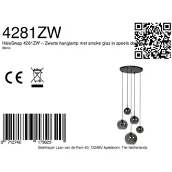 Mexlite Pendelleuchte SFERIO Rondell, 5-flammig, Schirm-Ø: 15/20/25/30cm, E27, IP20, schwarz/rauchglas STE-4281ZW