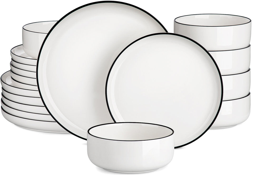 MALACASA 18-Piece Porcelain China Dinnerware Set, Service For 6 White;Black 18