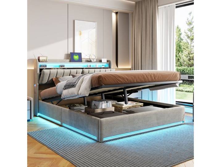 Lit Coffre 160x200 avec Led Lit Rembourré avec Coffre Lit Rembourré Led Hydraulique Lit Double avec Rangement Lit Capitonné