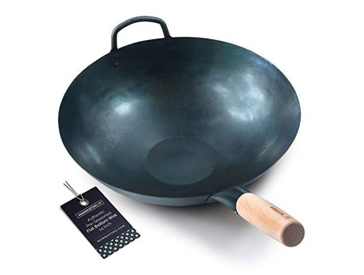 Mammafong Wok mit flachem Boden, Karbonstahl, 35,6 cm, chinesischer Pow Wok, traditionell handgehämmerte Woks und Rührpfannen